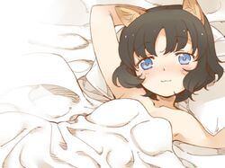  :3 animal_ears arm_behind_head armpits bad_id bad_twitter_id bed bed_sheet black_hair blanket blue_eyes blush cat_ears collarbone female kaede_(ukagaka) looking_at_viewer lying naked_sheet pillow pillow_grab pole_(ppp1409) short_hair smile solo tareme ukagaka under_covers 