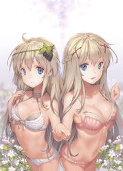  2girls ahoge bare_arms bare_shoulders blonde_hair blue_eyes blurry bow bow_bra bow_panties bra braid breasts cleavage closed_mouth commentary_request cowboy_shot darkness_(konosuba) depth_of_field eyelashes fingernails flower food frilled_bra frills fruit grapes hair_between_eyes hair_fruit hair_ornament halterneck holding_hands iris_(konosuba) kono_subarashii_sekai_ni_shukufuku_wo! long_hair looking_at_viewer medium_breasts multiple_girls navel open_mouth panties pink_bow pink_bra pink_panties ritsuki sharp_fingernails side-by-side side_braid single_braid smile stomach strap_gap underwear underwear_only very_long_hair white_background white_bra white_flower white_panties x_hair_ornament yellow_bow 