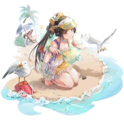  2girls bag barefoot beach bikini bird bracelet brown_eyes brown_hair bucket chanzhi_(bejeweled_coral)_(neural_cloud) chanzhi_(neural_cloud) crab feet finger_to_mouth frilled_bikini frills full_body game_cg girls&#039;_frontline girls&#039;_frontline_neural_cloud grin hair_ornament highres imoko_(imonatsuki) jewelry kneeling light_blush long_hair looking_at_viewer multiple_girls navel ocean octopus official_alternate_costume official_art outdoors panakeia_(aquamarine_star)_(neural_cloud) panakeia_(neural_cloud) ponytail qbu-88_(girls&#039;_frontline) sand seagull seashell shell smile solo_focus swimsuit toes transparent_background visor_cap wz.29_(girls&#039;_frontline) 