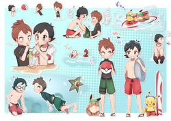  2boys absurdres bad_id bad_pixiv_id ball beachball black_eyes black_hair brown_eyes brown_hair chase_(pokemon) commentary_request eevee hachi_(hachi_sin) highres holding holding_ball innertube multiple_boys pikachu pokemon pokemon_(creature) pokemon_lgpe short_hair staryu surfboard surfing_pikachu swim_ring swimsuit trace_(pokemon) 