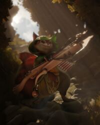  3d_(artwork) 4:5 anthro autumn brown_body crossbow digital_media_(artwork) dota female forest forest_background hi_res hoodwink_(dota) humanoid hybrid mammal nature nature_background plant poster ranged_weapon rodent sciurid solo squirrel_tail sun tree tree_squirrel vlad-lox weapon 