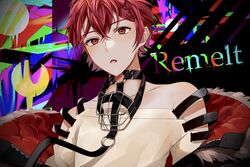  1boy aho_no_sakata bad_id bad_twitter_id coat fur_trim hair_ornament hairclip highres male_focus mebuki_(moon_angel_4) o-ring oerba_yun_fang off_shoulder open_mouth red_eyes red_hair solo song_name upper_body urashimasakatasen utaite 