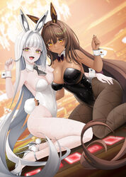  2girls 777_(nikke) absurdres akaisu animal_ears ascot asymmetrical_docking bare_shoulders black_ascot black_bow black_bowtie black_leotard blanc_(nikke) bow bowtie breast_press breasts brown_hair chandelier cleavage dark-skinned_female dark_skin detached_collar fake_animal_ears fishnet_pantyhose fishnets goddess_of_victory:_nikke hair_intakes hand_on_another&#039;s_hip highleg highleg_leotard highres interlocked_fingers large_breasts leotard long_hair looking_at_viewer medium_breasts multiple_girls noir_(nikke) oerba_yun_fang open_mouth orange_eyes pantyhose playboy_bunny poker_chip rabbit_ears siblings sisters skin_fang smile strapless strapless_leotard tongue very_long_hair white_hair white_leotard wrist_cuffs 