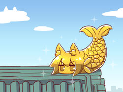  animal_ear_fluff animal_ears blue_sky cloud day female fish fox_ears gold hair_between_eyes highres kemomimi-chan_(naga_u) looking_at_viewer naga_u original outdoors shachihoko sky solo sparkle statue v-shaped_eyebrows 