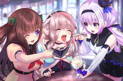  .live 3girls absurdres animal_ears blurry blurry_background brown_hair carro_pino commentary_request feeding force-feeding highres kakyouin_chieri light_purple_hair long_hair mokota_mememe multiple_girls one_eye_closed open_mouth pink_hair school_uniform sheep_ears spoon table thick_eyebrows tooi_aoiro virtual_youtuber 