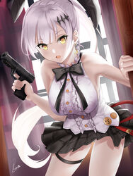  animal_ears artist_name bare_shoulders black_bow black_bowtie black_skirt bow bowtie breasts crescent crescent_earrings earrings female five-seven_(girls&#039;_frontline) fn_five-seven girls&#039;_frontline gun hair_ornament hair_ribbon hairclip handgun highres holding holding_gun holding_weapon jewelry long_hair looking_at_viewer medium_breasts open_mouth piukute062 rabbit_ears ribbon shirt simple_background skirt solo weapon white_hair white_shirt yellow_eyes 