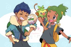  2boys ^_^ backpack bag bangs_pinned_back black_pants black_shirt blue_jacket closed_eyes commentary_request copyright_name dark-skinned_male dark_skin fur-trimmed_jacket fur_trim green_hair grey_eyes grin grookey hau_(pokemon) hop_(pokemon) jacket mikanbako_(aitatadon3) multiple_boys open_mouth pants poke_ball_symbol pokemon pokemon_(creature) pokemon_on_arm pokemon_sm pokemon_swsh purple_hair rowlet shirt shorts sidelocks smile t-shirt topknot trait_connection yellow_shorts 