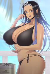  bad_id bad_pixiv_id barbell_piercing beach bikini black_bikini black_hair blue_eyes breasts cigarette cleavage covered_nipples cowboy_shot dark-skinned_female dark_skin ear_piercing earrings female gradient_hair gyaru halterneck headband highres holding holding_cigarette hoop_earrings huge_breasts industrial_piercing jewelry looking_at_viewer multicolored_hair multiple_earrings naomi_kouno_flores navel original outdoors piercing side-tie_bikini_bottom smile smoking solo stomach sueyuu sweat swimsuit thighs 