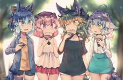  4girls aged_down ahoge animal_ear_fluff animal_ears bare_shoulders black_shirt black_shorts blue_eyes blue_hair bow brown_bow collarbone commentary_request crepe eating food green_eyes green_hair hairbow holding holding_food holding_hands kodomo_no_hi kuromiya kuromiya_raika_(kuromiya) kuzakura_mika_(kuromiya) lolicon looking_at_another multiple_girls off_shoulder one_eye_closed open_mouth original outdoors pink_hair purple_eyes shiromiya_asuka_(kuromiya) shirt shorts souma_ren_(kuromiya) standing tail thighs white_hair 