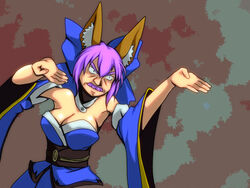  animal_ear_fluff animal_ears bare_shoulders blue_bow blue_kimono blue_ribbon bow breasts cleavage closed_mouth commentary_request detached_sleeves facial_hair fate/extra fate_(series) female fighting_stance fox_ears fox_girl fusion g_gundam gundam hair_ribbon hairbow hinnnyuuha japanese_clothes kimono looking_to_the_side master_asia moustache obi parody polygamist_castration_fist purple_hair ribbon sash tamamo_(fate) tamamo_no_mae_(fate/extra) what 