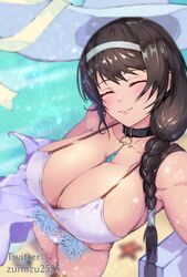  bare_shoulders belt_collar bikini black_hair blue_hair braid breasts cleavage closed_eyes closed_mouth collar collarbone earrings female flower from_above glaze_artifacts goddess_of_victory:_nikke hat hat_flower highres jewelry large_breasts mary_(bay_goddess)_(nikke) mary_(nikke) multicolored_hair side_braid smile streaked_hair sun_hat swimsuit thighs twitter_username white_bikini white_headwear zumizu 