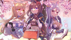  3girls abyss_chaser_(ragnarok_online) animal_ear_fluff animal_ears arch_mage_(ragnarok_online) bell bird black_dress black_gloves black_headwear black_jacket black_shorts blonde_hair blue_dress blush book breasts brown_hair cardinal_(ragnarok_online) cat_ears cherry_blossoms chest_harness cleavage cleavage_cutout closed_mouth clothing_cutout commentary_request cowboy_shot cropped_jacket dress fox_ears fur-trimmed_gloves fur_trim gloves hair_bell hair_between_eyes hair_ornament harness hat highres holding holding_paintbrush jacket jingle_bell large_breasts long_hair medium_breasts multiple_girls open_book open_mouth paintbrush penguin purple_eyes ragnarok_online sample_watermark shorts sketchbook thighhighs top_hat tree two-tone_dress vixiq watermark white_dress white_hair white_legwear yellow_eyes 