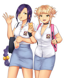  2girls backpack bag black_choker blonde_hair boku_no_hero_academia braid breasts cellphone chikujouin_magane choker commentary_request crossover culton double_bun earrings eating fangs food hair_between_eyes hair_bun indonesian_high_school_uniform jewelry long_hair looking_at_another medium_breasts multiple_girls necklace pencil_skirt phone phone_with_ears purple_hair re:creators school_uniform second-party_source simple_background single_braid skirt toga_himiko torii_earrings trait_connection unbuttoned unbuttoned_shirt very_long_hair white_background yellow_eyes 