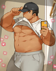  1boy abs bara biceps black_hair cellphone clothes_in_mouth clothes_lift hand_on_headwear hat highres kuro_nezumi_inu large_pectorals lifting_own_clothes male_focus manly mature_male mouth_hold muscular muscular_male nipples original pants pectorals phone plump selfie shirt shirt_in_mouth shirt_lift solo spiked_hair t-shirt tan thick_arms thick_eyebrows track_pants underpec 