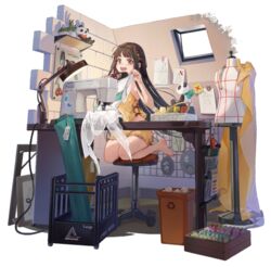  :d barefoot brown_eyes brown_hair chanzhi_(neural_cloud) character_name desk_lamp diorama dress embroidery embroidery_hoop fabric feet female frilled_underwear full_body game_cg girls&#039;_frontline girls&#039;_frontline_neural_cloud holding holding_clothes holding_dress imoko_(imonatsuki) indoors lamp looking_at_viewer official_art on_stool qbu-88_(girls&#039;_frontline) recycle_bin scissors sewing sewing_machine smile solo spool stool stuffed_animal stuffed_panda stuffed_toy tape_measure thread thread_snips transparent_background underwear underwear_only unworn_dress white_dress window 