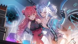  2girls absurdres ahoge bare_shoulders beaker blue_eyes blush breasts chinese_commentary choker cleavage collarbone commentary_request cowboy_shot double_bun dress florence_(neural_cloud) girls&#039;_frontline girls&#039;_frontline_neural_cloud gloves grey_hair hair_bun hat heart heart-shaped_pupils high_heels highres id_card lab_coat leg_up long_hair majiang medium_breasts multiple_girls nurse_cap oerba_yun_fang off_shoulder one_eye_closed open_mouth pa-15_(girls&#039;_frontline) panakeia_(neural_cloud) red_dress red_eyes red_hair skin_fang sleeveless sleeveless_dress smile sweatdrop symbol-shaped_pupils syringe thighhighs twintails wz.29_(girls&#039;_frontline) 