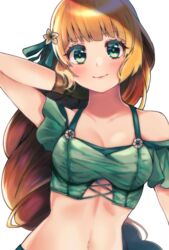  bikini blonde_hair closed_mouth commentary_request female fire_emblem fire_emblem:_three_houses fire_emblem_heroes flower green_eyes hair_flower hair_ornament highres ingrid_brandl_galatea ingrid_brandl_galatea_(summer) long_hair looking_at_viewer off-shoulder_bikini off_shoulder satuki_(jo4pr8) simple_background smile solo swimsuit upper_body white_background 