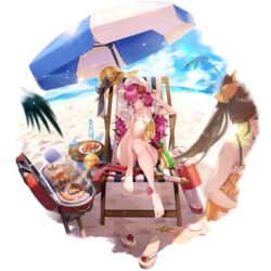  2girls ahoge anklet barefoot beach beach_chair beach_umbrella bikini black_bikini border breasts chanzhi_(bejeweled_coral)_(neural_cloud) chanzhi_(neural_cloud) cleavage collarbone fading_border feet flower food frilled_bikini frills fruit full_body game_cg girls&#039;_frontline girls&#039;_frontline_neural_cloud grill hair_flower hair_ornament hat highres jewelry legs lifebuoy long_hair medium_breasts multiple_girls ocean official_alternate_costume official_art on_chair one_eye_closed outdoors panakeia_(aquamarine_star)_(neural_cloud) panakeia_(neural_cloud) pink_eyes pink_hair qbu-88_(girls&#039;_frontline) sand sandals seashell see-through shell shoes sitting solo_focus starfish sun_hat swim_ring swimsuit toenails toes transparent_background umbrella unworn_hat unworn_headwear unworn_shoes water_gun watermelon watermelon_slice wet wet_hair wz.29_(girls&#039;_frontline) 