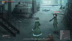  2girls ? black_eyes black_gloves black_hair blonde_hair brodie_helmet building cable caterpillar_tracks character_name chito_(shoujo_shuumatsu_ryokou) combat_helmet commentary dark facing_away fake_screenshot fork fur_trim gameplay_mechanics gloves green_pants gun handlebar heads-up_display health_bar helmet highres hood hood_down kettenkrad knife long_hair long_sleeves military military_vehicle motor_vehicle multiple_girls pants parka railing rifle roke_(taikodon) rubble ruins shoes shoujo_shuumatsu_ryokou stairs standing symbol tank weapon wide_shot yuuri_(shoujo_shuumatsu_ryokou) 