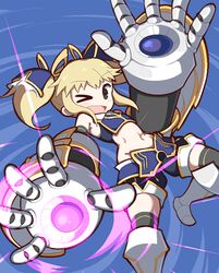  &gt;_o :d action arm_up armor armored_boots average-hanzo black_thighhighs blonde_hair blue_armor blue_background boots breastplate charging_device commentary english_commentary female floating_hair full_body giant_fist gloves green_eyes hair_ornament hair_ribbon jaggy_lines knee_boots leg_up midriff mika_returna navel oekaki one_eye_closed open_mouth ribbon shorts smile solo thighhighs thighhighs_under_boots twintails under_night_in-birth under_night_in-birth_exe:late[st] weapon 