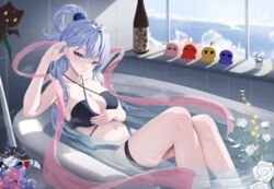  &gt;_&lt; ^_^ absurdres ainz_ooal_gown aqua_(konosuba) bathing bathroom bathtub bikini black_bikini blue_eyes blue_hair bocchi_the_rock! bottle breasts chomusuke cleavage closed_eyes commentary english_commentary feline female flower gotoh_hitori gotoh_hitori_(octopus) highres ijichi_nijika indoors kita_ikuyo kono_subarashii_sekai_ni_shukufuku_wo! long_hair looking_at_viewer medium_breasts navel overlord_(maruyama) parted_lips partially_submerged pharmarr pink_flower rose sake_bottle solo_focus swimsuit tile_wall tiles water white_flower white_rose window yamada_ryo 