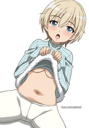  absurdres blonde_hair blue_eyes blue_sweater blush brave_witches breasts clothes_lift female highres josephscrand large_breasts lifting_own_clothes looking_at_viewer navel nikka_edvardine_katajainen no_bra open_mouth pantyhose short_hair simple_background solo sweater sweater_lift underboob white_background white_pantyhose world_witches_series 