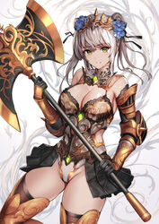  armor armored_boots armored_leotard axe bare_shoulders battle_axe black_gloves black_skirt boots breastplate breasts brown_thighhighs cleavage closed_mouth clothing_cutout elbow_gloves female flower gauntlets gloves gold_trim green_eyes groin hair_flower hair_ornament highres holding holding_axe large_breasts leotard long_hair looking_at_viewer matsumoto_mitsuaki miniskirt original pleated_skirt showgirl_skirt side_cutout skirt smile solo thigh_boots thighhighs thighs tiara twintails vambraces weapon white_hair 