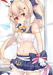  ayanami_(azur_lane) ayanami_(low-key_idol_@confused)_(azur_lane) azur_lane bare_shoulders belt blonde_hair blue_skirt bow breasts collared_shirt commentary_request cowboy_shot crop_top female hair_ornament hairbow idol kana_(kuaua) long_hair looking_at_viewer midriff miniskirt navel official_alternate_costume plaid plaid_skirt pleated_skirt ponytail red_eyes shirt sidelocks skirt sleeveless sleeveless_shirt small_breasts solo standing thighhighs very_long_hair white_shirt white_thighhighs yellow_bow zettai_ryouiki 