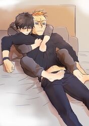  2boys bad_id bad_pixiv_id barefoot black_hair blush closed_eyes darren_shan feet hood hug hug_from_behind larten_crepsley male_focus multiple_boys orange_hair scar scar_on_face short_hair sweater the_saga_of_darren_shan turtleneck turtleneck_sweater yamado yaoi 