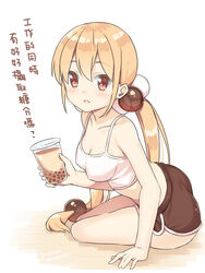  arm_support bare_arms bare_shoulders blonde_hair blush breasts brown_eyes brown_shorts bubble_tea camisole chinese_commentary chinese_text cleavage collarbone commentary cup disposable_cup female full_body hair_between_eyes hair_bobbles hair_ornament hatsunatsu holding holding_cup long_hair looking_at_viewer low_twintails medium_breasts parted_lips short_shorts shorts solo translated twintails very_long_hair white_background white_camisole wooden_floor xiaoyuan_(you_can_eat_the_girl) you_can_eat_the_girl 