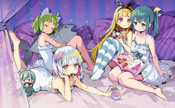  4girls absurdres ahoge alyce_(dohna_dohna) animal_ears antenna_(dohna_dohna) bed blonde_hair blunt_bangs bob_cut braid character_doll chinese_commentary dohna_dohna_issho_ni_warui_koto_o_shiyou dress eating fish fish-shaped_pillow food_in_mouth green_eyes green_hair hair_ornament hair_tie hairband hairclip hand_on_own_cheek hand_on_own_face heart heart_hair_ornament heterochromia highres holding holding_magazine holding_stuffed_toy kuma_(dohna_dohna) long_hair looking_at_viewer lying magazine_(object) medico_(dohna_dohna) multiple_girls nightgown on_stomach outstretched_arm pajamas pantyhose pillow ponytail porno_(dohna_dohna) reading short_hair sitting striped_clothes striped_pantyhose stuffed_toy thighhighs tiramisu_(6822816123) white_dress white_hair yammy_(dohna_dohna) yokozuwari 