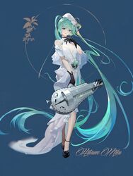  absurdly_long_hair absurdres aqua_hair bag black_footwear black_gloves blue_background blue_eyes breasts character_name cleavage commentary dress female floating_hair full_body gloves hair_between_eyes hat hatsune_miku highres holding holding_instrument hurdy-gurdy instrument jie_xiaoming long_hair looking_at_viewer parted_lips sleeveless sleeveless_dress smile solo standing twintails very_long_hair vocaloid white_dress white_hat 