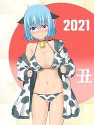  2021 absurdres alternate_costume animal_ears animal_print bell bikini blue_eyes blush breasts cleavage closed_mouth commentary_request cow_ears cow_horns cow_print cow_print_bikini female garasuita heterochromia highres hood hoodie horns large_breasts looking_to_the_side midriff navel neck_bell open_clothes open_hoodie print_bikini red_eyes solo standing swimsuit tatara_kogasa touhou 