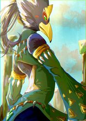  anthro avian backless_clothing beak bird blue_body blue_feathers breath_of_the_wild chikichikitaron clothed clothing day detailed_background feathers frostbite_armor green_eyes hair male nintendo ponytail pose revali rito shaded slim solo tears_of_the_kingdom the_legend_of_zelda yellow_beak 