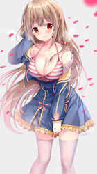  3: artist_name bare_shoulders blue_dress blush bow bra braid breasts brown_eyes brown_hair cleavage closed_mouth collarbone commentary_request covering_crotch covering_privates cowboy_shot dress female floating_hair frilled_skirt frills hairbow halterneck hand_on_own_head highres large_breasts long_hair long_sleeves looking_at_viewer maeda_shiori melonbooks off_shoulder original petals photoshop_(medium) pink_bow shirt short_dress side_braid sidelocks simple_background skirt smile solo sousouman striped_bra striped_clothes thighhighs underwear very_long_hair white_background white_shirt white_thighhighs wind 