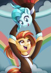  blue_eyes blue_hair brown_eyes brown_hair cheerleader cheerleader_outfit clothing duo equid equine female friendship_is_magic hair hasbro holding_hooves horse lighthoof_(mlp) mammal my_little_pony pony pyroxtra shimmy_shake_(mlp) 