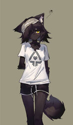  2022 anthro black_body black_fur black_hair blindfold blush bottomwear breasts canid canine canis chest_tuft clothing digital_media_(artwork) domestic_dog eyemask eyewear female female_anthro fluffy fur grey_background hair hair_over_eye hands_behind_back hi_res inner_ear_fluff kemono looking_at_viewer mammal mask one_eye_obstructed portrait shiiorina shirt short_hair shorts simple_background sleep_mask solo t-shirt three-quarter_portrait topwear tuft white_body white_fur yellow_eyes 