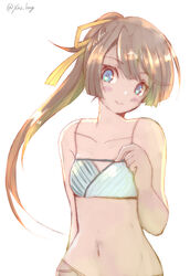  absurdres bikini brown_hair chicken99 commentary_request female grey_eyes hair_ribbon highres kantai_collection kazagumo_(kancolle) kazagumo_(swimsuit_mode)_(kancolle) long_hair official_alternate_costume one-hour_drawing_challenge ponytail ribbon simple_background solo striped_bikini striped_clothes swimsuit upper_body white_background 