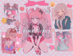  6+girls akamatsu_kaede antenna_hair apron arrow_through_heart bad_id bad_pixiv_id barbed_wire bear_hair_ornament black_choker black_gloves black_jacket black_shirt bow breasts brown_hair brown_skirt choker cleavage commentary_request danganronpa:_trigger_happy_havoc danganronpa_(series) danganronpa_2:_goodbye_despair danganronpa_v3:_killing_harmony emoji enoshima_junko fingerless_gloves galaga gloves goggles goggles_on_head green_skirt hair_ornament head_out_of_frame heart highres iruma_miu jacket kara_aren kneeling light_brown_hair long_hair loose_necktie maizono_sayaka medium_hair miniskirt monomi_(danganronpa) multiple_girls musical_note musical_note_hair_ornament nail_polish nanami_chiaki neck_ribbon necktie open_clothes open_jacket pink_background pink_bow pink_eyes pink_ribbon pink_shirt red_bow red_nails red_skirt ribbon sailor_collar shirt shirt_tucked_in skirt smile spaceship_hair_ornament tsumiki_mikan twintails white_apron white_necktie 