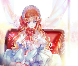  absurdres blue_dress blue_eyes blush bonnet bow brown_hair buruburu18 curtains dress eoneu_nal_gongjuga_doeeobeoryeotda female flower happy hat highres jennette_margarita lolita_fashion long_hair red_ribbon ribbon sitting wavy_hair 