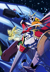  arm_up armor bbb_(fabio8552) black_background cape claws digimon digimon_(creature) digital_hazard dukemon examon from_side gold_armor green_eyes gun highres holding horns knight lance magnamon no_humans omegamon polearm sharp_teeth shield teeth weapon yellow_eyes 