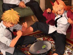  2boys absurdres arena beyblade beyblade_(object) blonde_hair breasts carpet chainsaw_man chair clenched_hand commentary demon_girl demon_horns denji_(chainsaw_man) english_commentary female friends grey_legwear hayakawa_aki highres horns jacket khyle. kneeling multiple_boys no_shoes pants pants_rolled_up pink_hair power_(chainsaw_man) red_horns red_jacket shirt sitting sleeves_rolled_up socks white_shirt wok wooden_floor 