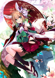  animal_ears bell black_panties black_socks blonde_hair bow branch breasts cherry_blossom_print cherry_blossoms commentary_request detached_sleeves dutch_angle female floral_print fox_ears fox_girl fox_mask fox_shadow_puppet fox_tail gradient_hair green_bow green_eyes green_hair hair_between_eyes hip_vent japanese_clothes jingle_bell kneehighs lace-trimmed_panties lace_trim large_bow legs light_smile looking_at_viewer mask medium_breasts medium_hair multicolored_hair obi original outdoors panties parted_lips pleated_skirt red_skirt ribbon ribbon-trimmed_legwear ribbon_trim sandals sash shirokitsune shiroro sitting skirt socks solo tabi tail thigh_strap tokyo_big_sight underwear white_socks wide_sleeves zouri 