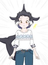  ^^^ alternate_costume arms_at_sides bad_id bad_twitter_id black_hair blush brown_eyes casual cetacean_tail collarbone commentary contemporary denim dorsal_fin emphasis_lines female fins fish_tail forehead head_fins jeans kemono_friends looking_at_viewer multicolored_hair orca_(kemono_friends) pants parted_lips purple_hair saja_(166j357) short_hair solo surprised sweater tail white_hair 