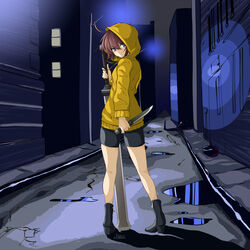  ahoge alley bike_shorts breasts brown_eyes brown_hair chaesu dual_wielding female highres holding holding_knife holding_sword holding_weapon hood hoodie huge_ahoge knife linne looking_at_viewer looking_back reverse_grip short_hair small_breasts solo sword under_night_in-birth weapon yellow_hoodie 