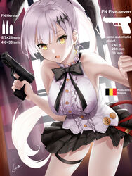  animal_ears artist_name bare_shoulders belgian_flag black_bow black_bowtie black_skirt bow bowtie breasts crescent crescent_earrings earrings english_text female five-seven_(girls&#039;_frontline) fn_five-seven girls&#039;_frontline gun hair_ornament hair_ribbon hairclip handgun highres holding holding_gun holding_weapon jewelry long_hair looking_at_viewer medium_breasts open_mouth piukute062 rabbit_ears ribbon shirt simple_background skirt solo weapon white_hair white_shirt yellow_eyes 