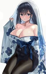  bare_shoulders black_hair black_pantyhose blue_eyes breasts cleavage commentary dress earrings female floral_print headdress highres japanese_clothes jewelry kamchrome large_breasts legs_together looking_at_viewer original pantyhose sitting smile solo veil 