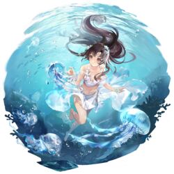  air_bubble barefoot bikini breasts brown_eyes brown_hair bubble female fish floating_hair flower freediving full_body game_cg girls&#039;_frontline girls&#039;_frontline_neural_cloud hair_flower hair_ornament highres holding_breath jellyfish long_hair medium_breasts navel neon_(zuicongming) ocean official_alternate_costume official_art round_image sarong seafloor seaweed solo souchun_(aquatic_fragrance)_(neural_cloud) souchun_(neural_cloud) swimming swimsuit transparent_background type_64_(girls&#039;_frontline) underwater underwear white_bikini white_sarong 