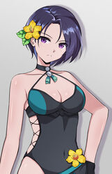  black_choker black_one-piece_swimsuit blue_hair breasts casual_one-piece_swimsuit choker commentary_request covered_navel drop_shadow female fire_emblem fire_emblem:_three_houses fire_emblem_heroes flower grey_background hair_flower hair_ornament komurice looking_at_viewer official_alternate_costume one-piece_swimsuit purple_eyes shamir_nevrand shamir_nevrand_(summer) short_hair simple_background solo swimsuit upper_body yellow_flower 