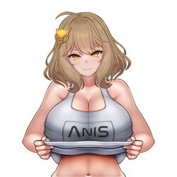  ahoge anis_(nikke) blush breasts brown_eyes brown_hair clothes_lift clothes_writing female goddess_of_victory:_nikke grey_shirt hair_between_eyes hair_ornament highres kuronekozero large_breasts looking_at_viewer shirt short_hair simple_background smile solo t-shirt upper_body white_background 